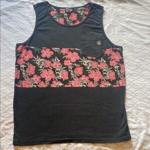 Black and Pink Floral Skull Tank Top